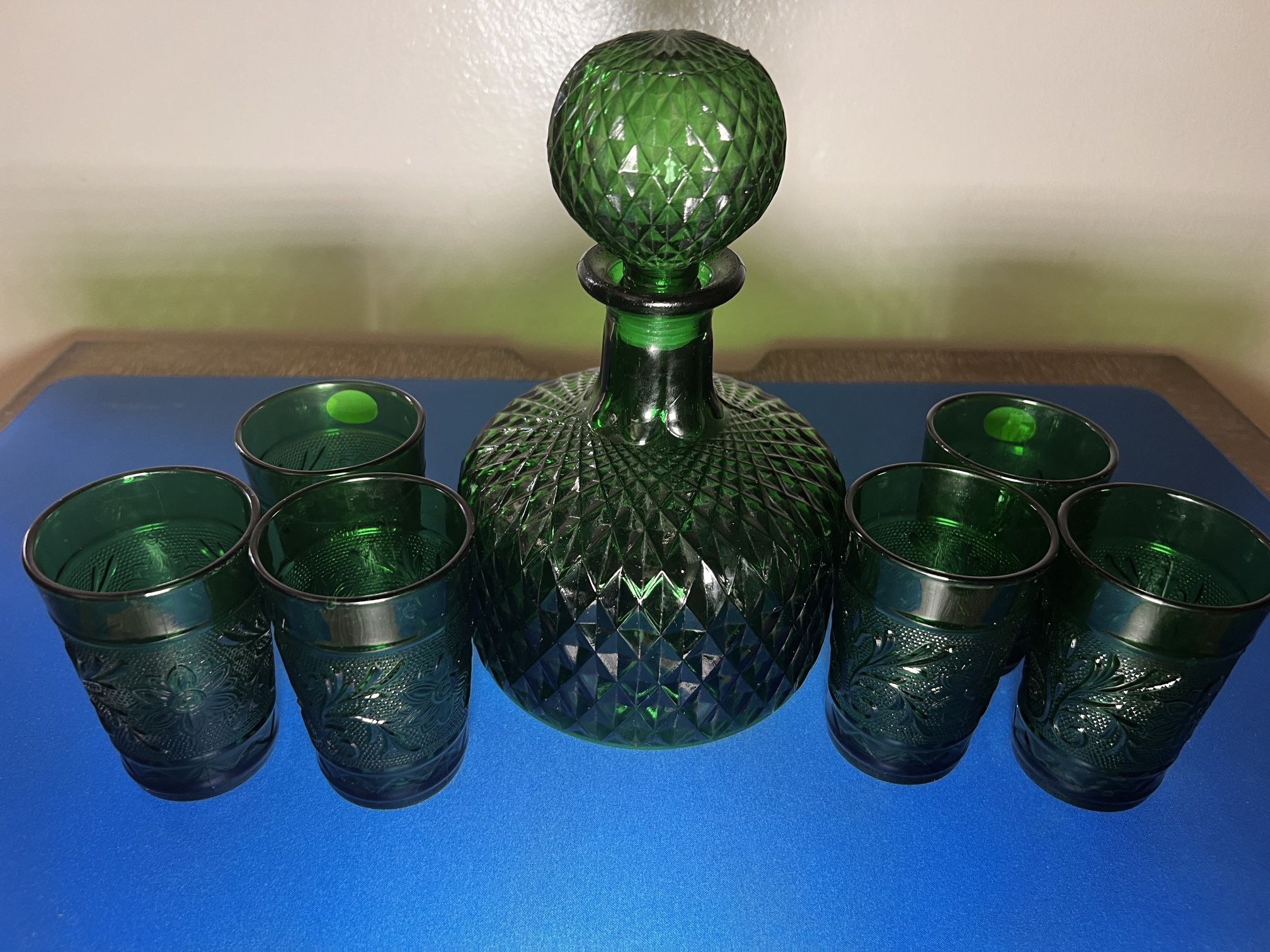 Vintage Empoli Quilted Diamond MCM Decanter and 6 Shot Glasses