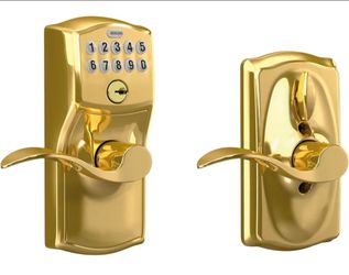 Schlage Electronic Keypad Lock, Lever Handle, Camelot Trim, Bright Brass
Keypad door lock with handle, Keyless entry, Push button keypad, Flex Lock au