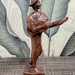 Asian Man With Guitar Hand Carved Wood Statue Boho Happy Barefoot Folk Art
