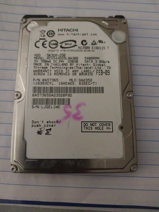 Hitachi 250GB HTS543225L9A(contact info removed)RPM SATA 2.5" Laptop HDD Hard Disk Drive