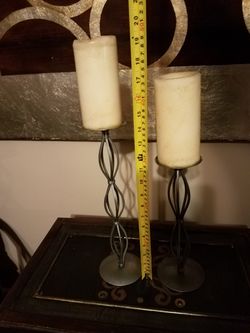 Candle holders; qty 2; metal grey-$10