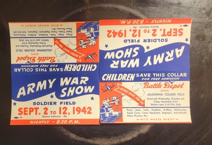 X2 1942 WW2 Army War Show Milk Bottle Ad Labels