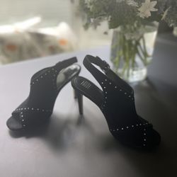 White House Black Market - Peep-toe, Black, Silver-Studded Slingback Heels - Size 6.5 (2)