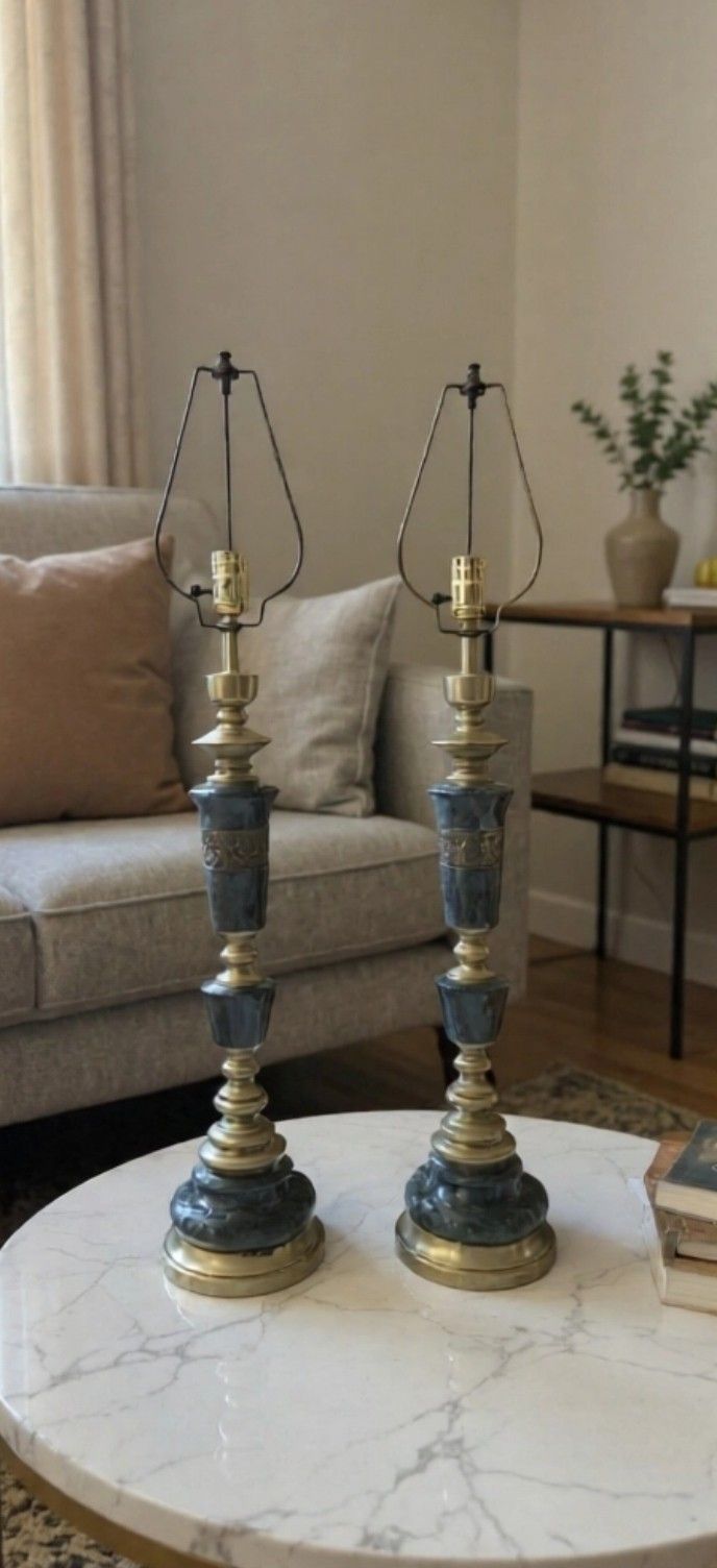 Pair of Mid-Century James Mont Style Dark Green Marble and Bronze Column Table Lamps