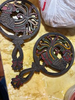 Cast iron trivets rooster & chicken vintage