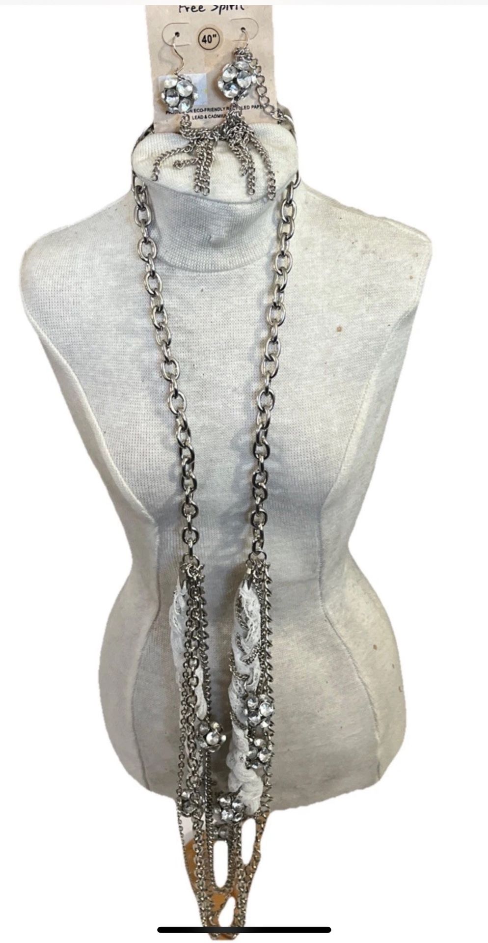 Free Spirit Vtg Set Necklace Silver Tone Multi Chain Silk Braided w Earrings 38