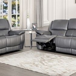 Brand New Grey Leather Reclining Sofa & Loveseat 