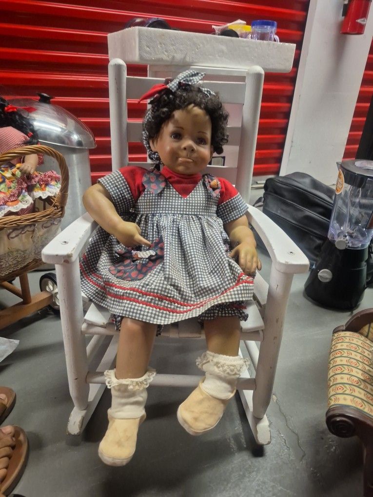 Antique Doll With Rocking Chair 