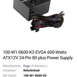 100-W1-0600-K3 EVGA 600-Watts ATX12V 24-Pin 80 plus Power Supply