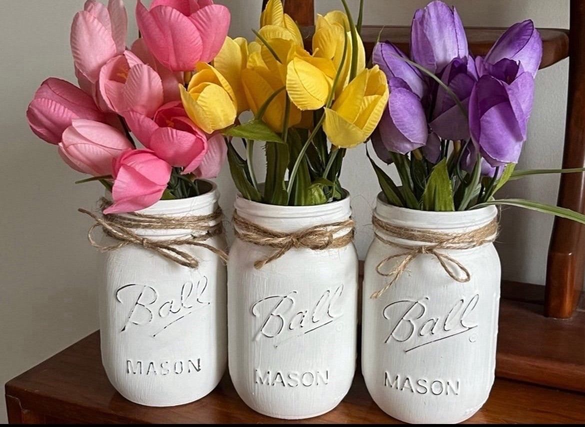 Chalk painted distressed mason jars - SPRING TULIPS pink purple yellow