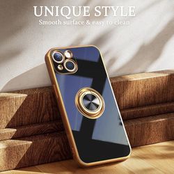 iPhone 15 Case with 360°Ring Holder Stand Magnetic Kickstand,Lightweight Slim Fit Plated Rose Gold Edge Soft TPU Bumper Cover Hi