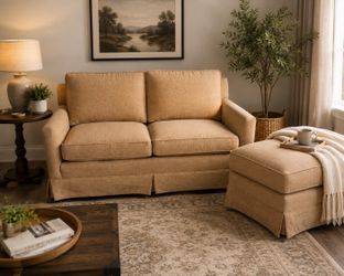 Tan Fabric Loveseat with Matching Ottoman