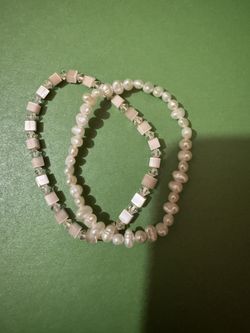2 Pale Pink Pearl & Bead Bracelets