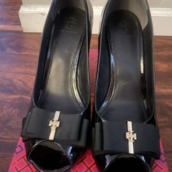 Tory Burch Black Trudy Open Toe Wedge Heels