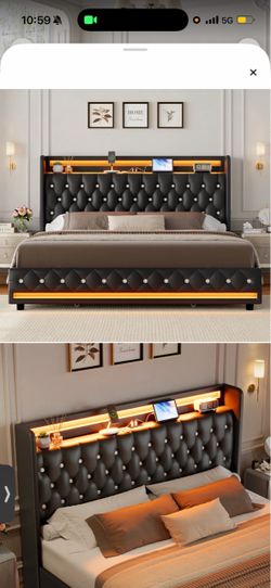 Black Tufted Upholstered Bed Frame with LED Headboard charging port and LED Baseboard