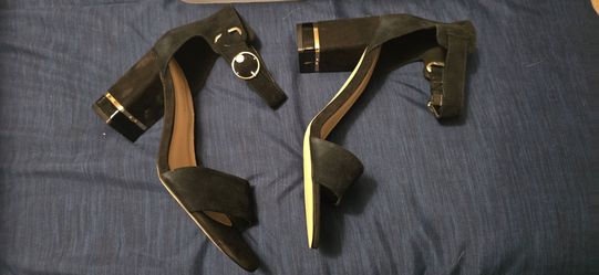 Tommy Hilfiger Black and Gold Platform Block Heel Ankle Strap Sandals Shoes Fancy Dress 8M