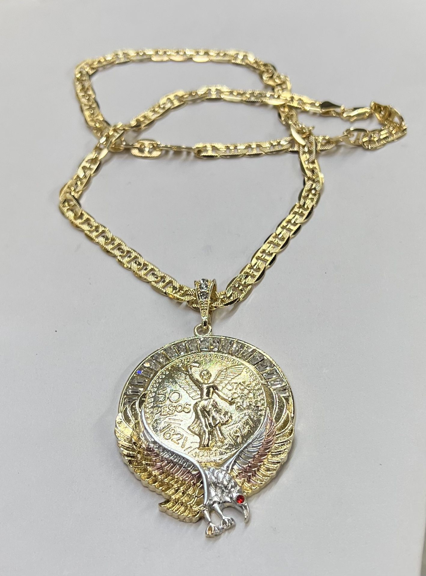 Eagle Cz Stones Bezel 50 Peso St Michael Pendant And Necklace 14k Gold Plated 