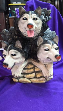 Large Three Headed Siberian Huskie Resin Sculpture some cracks in resin see last photo