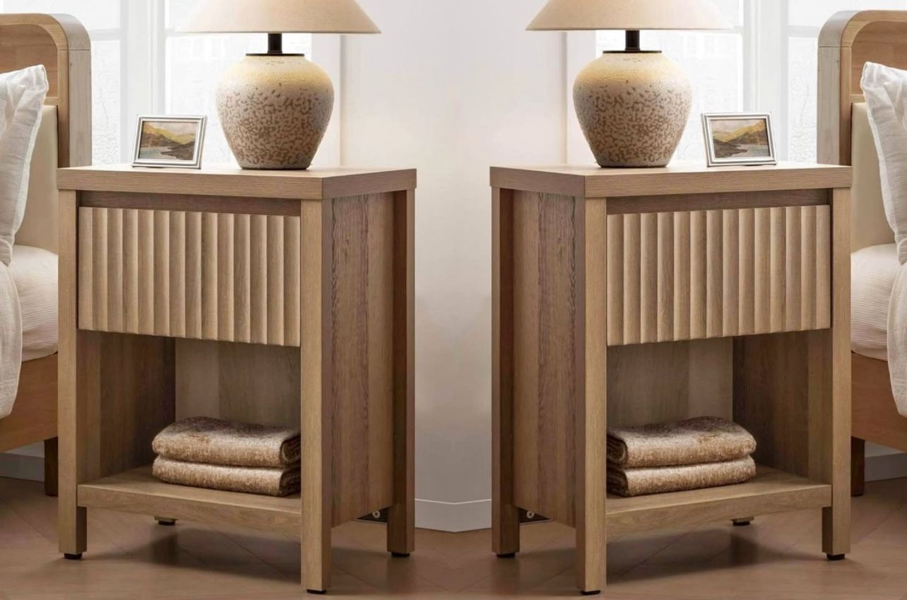 Set of 2 with Drawer - Farmhouse Night Stand Bedside Tables with Storage, Wooden End Tables with Met