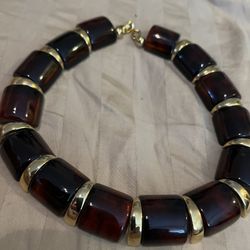 Napier lucite mock tortoise, amber necklace with gold spacers circa 1970s 