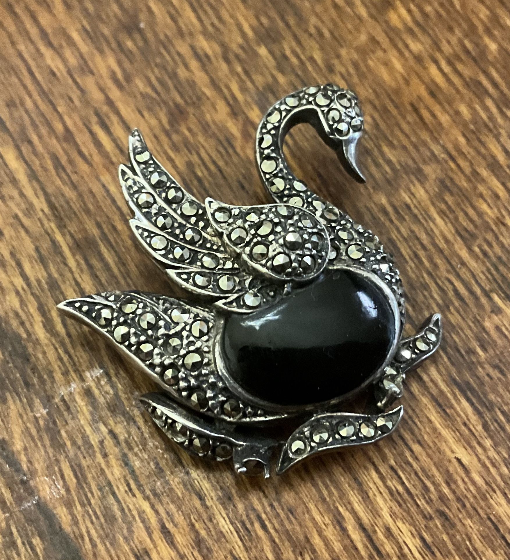 Sterling Silver Marcasite Black Onyx Swan Brooch Vintage.