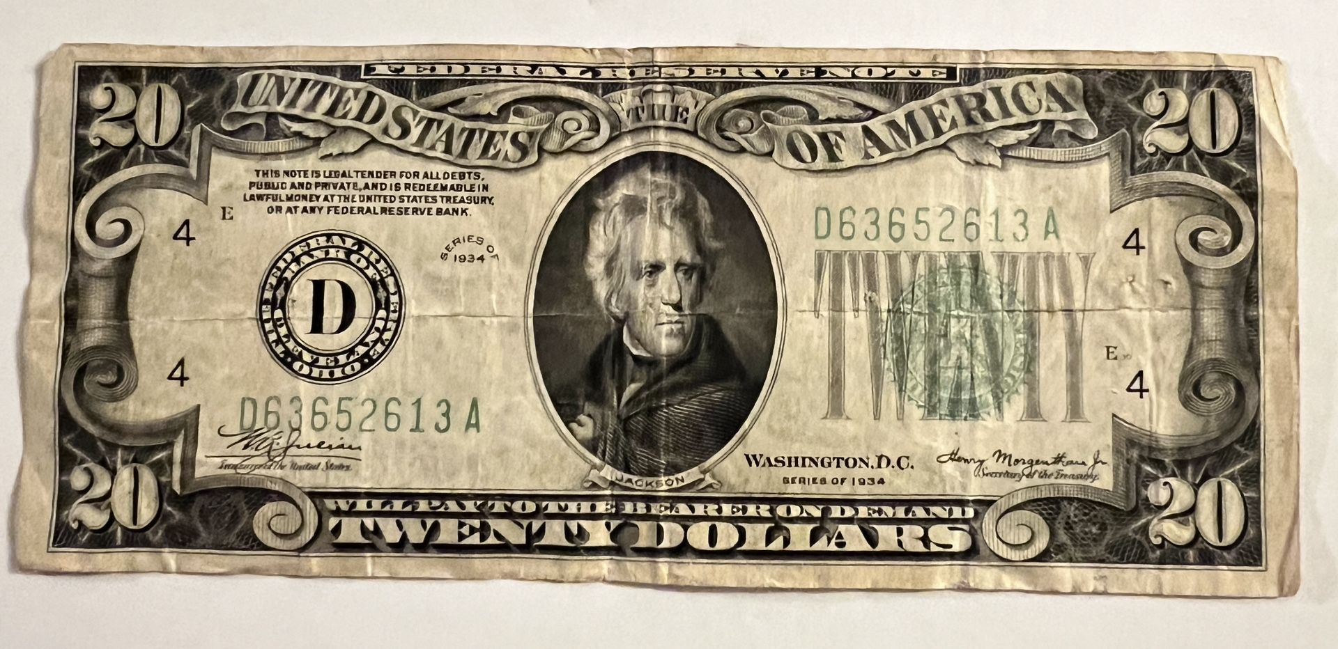 1934 USA $20 Federal Reserve Note - Washington DC Mint