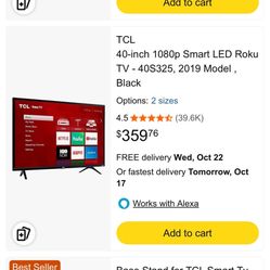 42 Inch TCL Smart Roku TV  With Remote