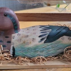 Vtg Hand Painted And Hand Carved Wooden Duck 10"X4.25"