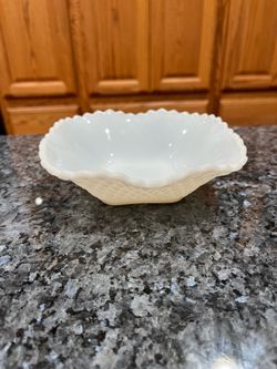 White Glass Square Dish.  Size approximately 6 inches by 6 inches and 2 inches tall.  Preowned Excellent Condition.  Has been on display in a cabinet.