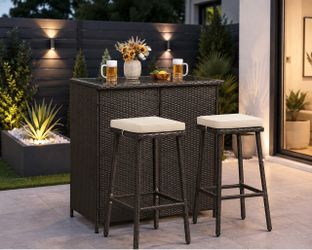 Outdoor Wicker Bar Table and Stool Set