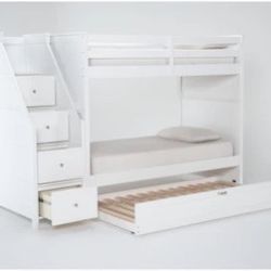 Luca White Full Over Full Wood Bunk Bed With Stairway & Twin Trundle