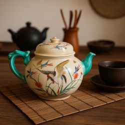 Japanese Antique 1910s Satsuma Kinkozan Style Teapot Birds Bamboo, 3x4.5”