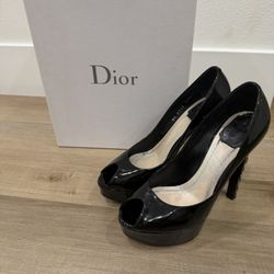 Dior Black Patent Peep-Toe Platform Pumps with High Stiletto Heel