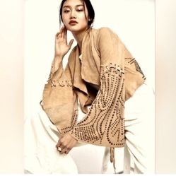 Free People “Gorgeous”. Fringe Jacket With Nail Heads and Bell Sleeves