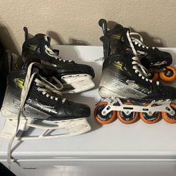 3 Sets Of Hockey Skates And Roller Blades 