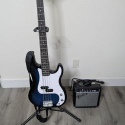 4 String Elec Bass Guitar W/ Stand & Fender Amp