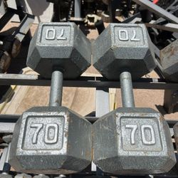 70lb Hex Iron Dumbbell Set Weights 