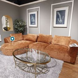 Sectional Rust Brown Chenille Fabric, Solid Wood Frame, Others. Deep Seating, Large Loose Backcushions, Contemporary Style, Sturdy Woode Inner Frame .