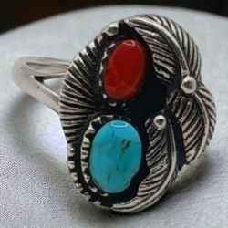 Sleeping Beauty Turquoise and red Coral Ring in Sterling Silver 925