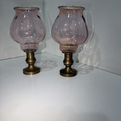 Vintage Candle Holders set of 2 with Brass base and Pink Crystal Bulbs