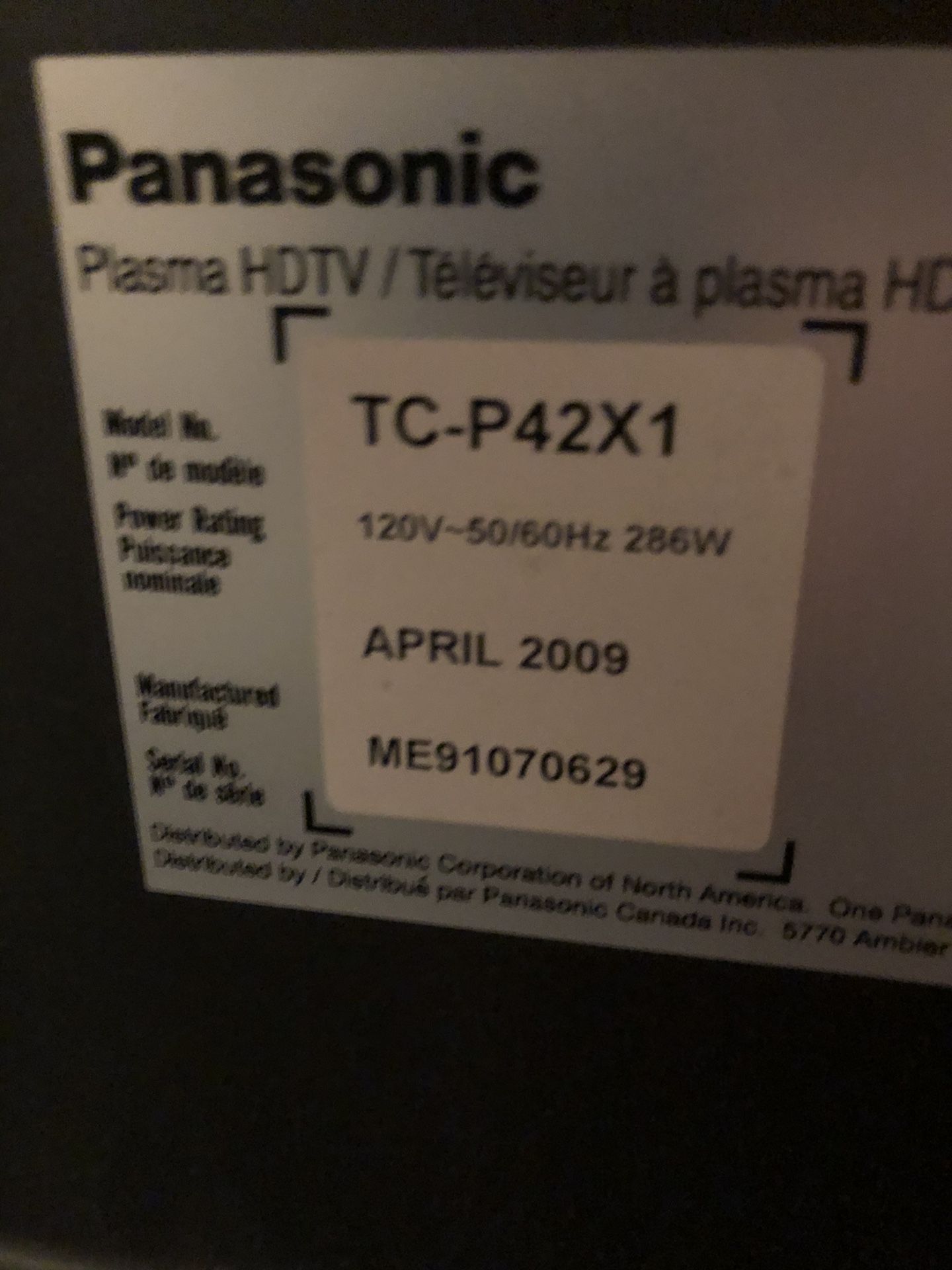 Panasonic 42” 720p Plasma HD TV NO STAND