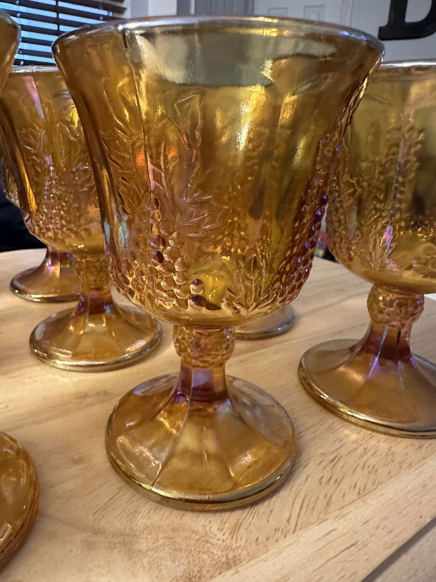 Breathtaking Set Of Vintage Iridescent Marigold Indiana Harvest Carnival Glass Goblets, Pitcher & Compote Bowl!! 