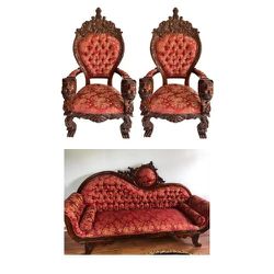 Two Red, Massive Lion Thrones and Matching Chaise Vintage Carved Wood