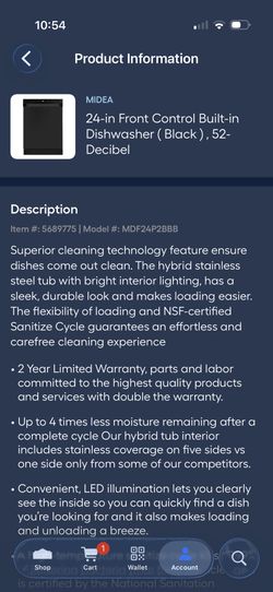 Midea Dishwasher (dented, has extended warranty)