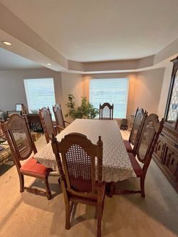Vintage 13-Piece Dining Room Set - Levitz Table, 8 Cane Chairs, China Cabinet, Buffet & Side Table