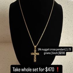 10k Gold Rope Necklace And 14k Gold Nugget Cross Pendant