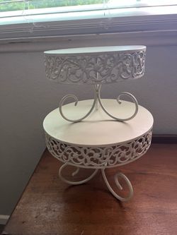 Set of two metal cream color intricate scroll vintage style cake plates
