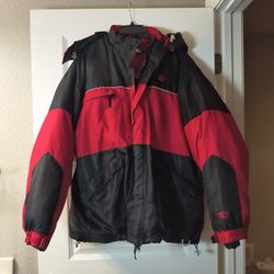 Starter XL Vintage Down Puffer Jacket Red Black Full-Zip Fleece Lined Hood