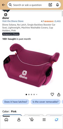 Diono Solana, No Latch, Single Backless Booster Car Seat, Lightweight, Machine Washable Covers, Cup Holders, Pink