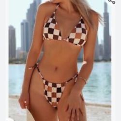 Plaid Checkerboard Halter Bikini Swimwear Coffee